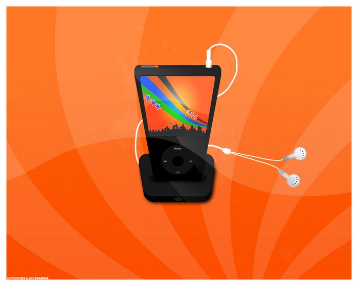 iPod with headphones on orange background