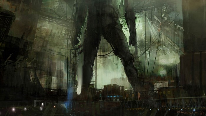 Giant robot in a dark industrial setting