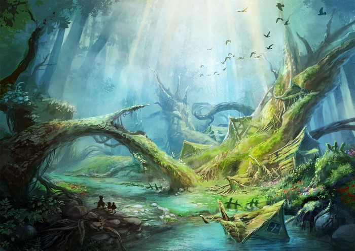 Anime forest with ancient trees and a river