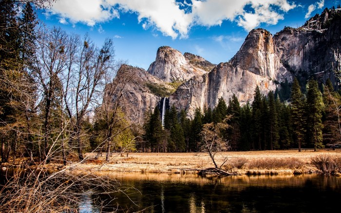 Waterfall cascading down a rocky mountain in Yosemite National Park