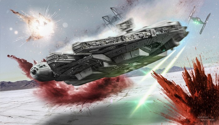 Millennium Falcon and TIE Fighters battle on Crait