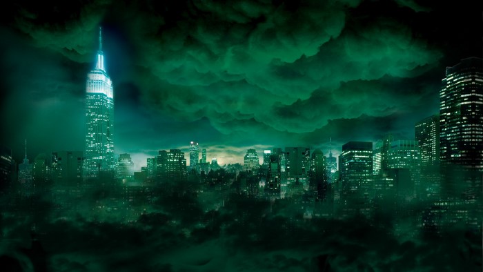 New York City Skyline at Night with Green Clouds