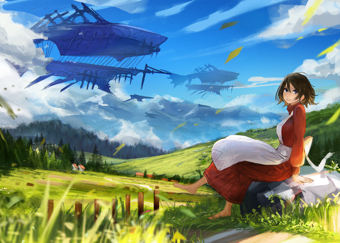 Girl in red and white dress with airships over mountains