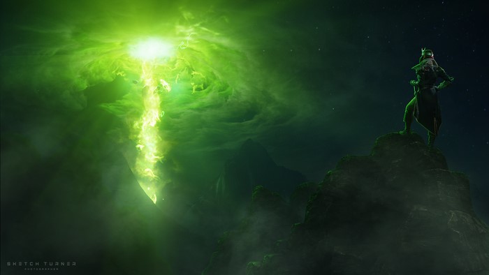 Dragon Age: Inquisition character on a mountain overlooking green energy