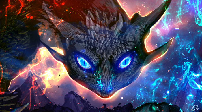 Giant dragon with blue eyes and magical flames