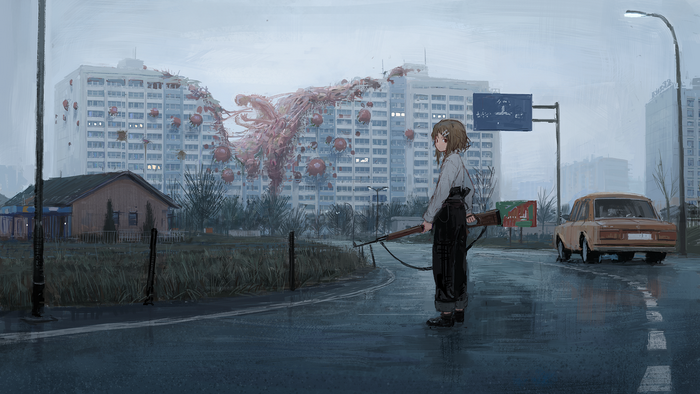 Girl with rifle facing monstrous growth on apartment building