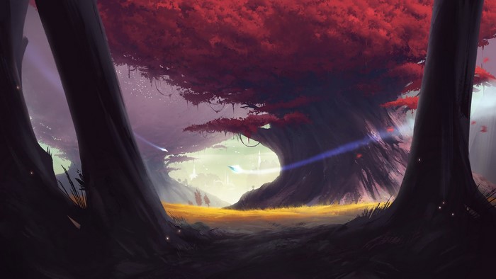 Fantasy forest with red trees and glowing lights