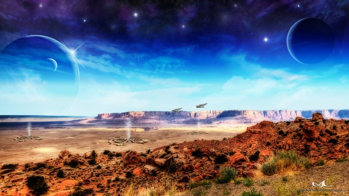 Alien planet landscape with spaceships and celestial bodies