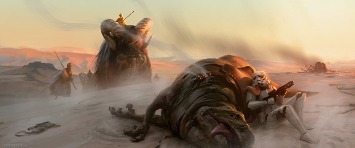 Star Wars Stormtrooper and creatures in a desert