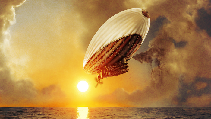 Steampunk Blimp flying over the ocean at sunset