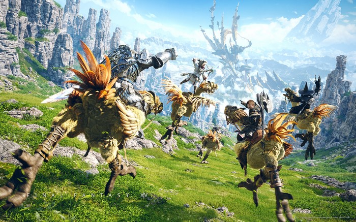 Chocobos and riders in Final Fantasy XV landscape