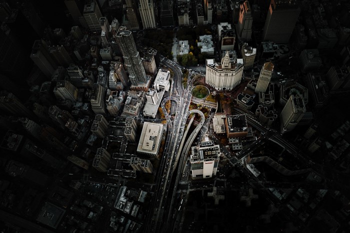 Aerial view of Manhattan, New York City roads and buildings