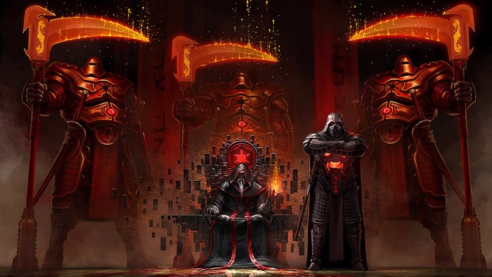 Darth Vader and warriors with scythes in a throne room