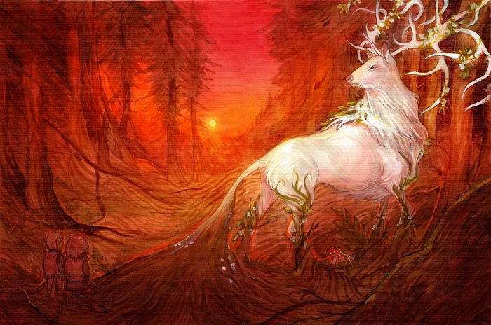 White deer in a fiery forest at sunset