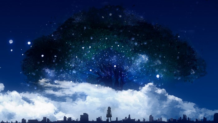 Silhouette of a girl in a city under a starry tree