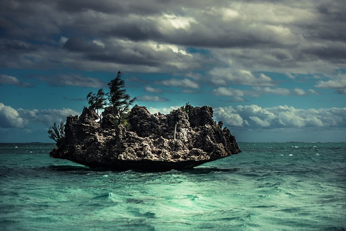 Rock formation with trees in the ocean under cloudy sky