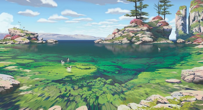 Artistic lake with rocky islands and birds