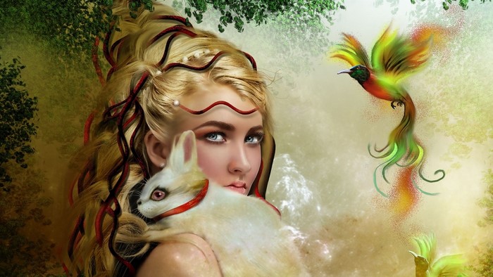 Fantasy woman with rabbit and bird