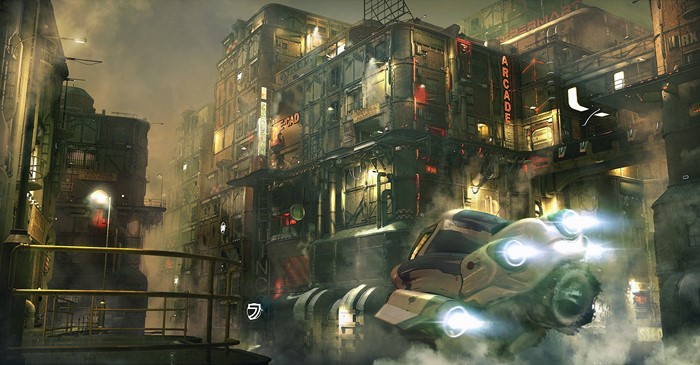 Futuristic Cityscape with Flying Vehicle