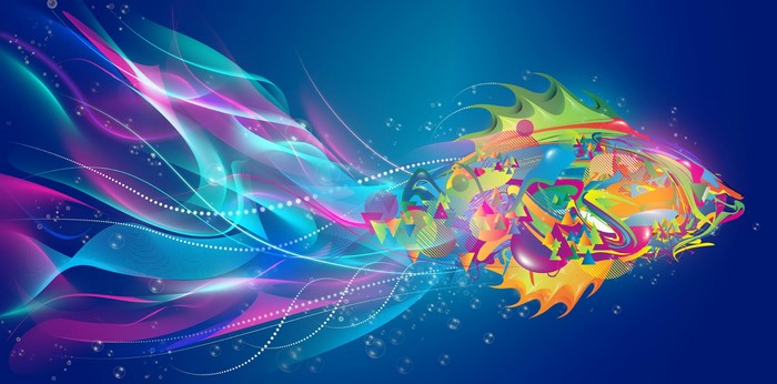 Abstract colorful fish with flowing light trails