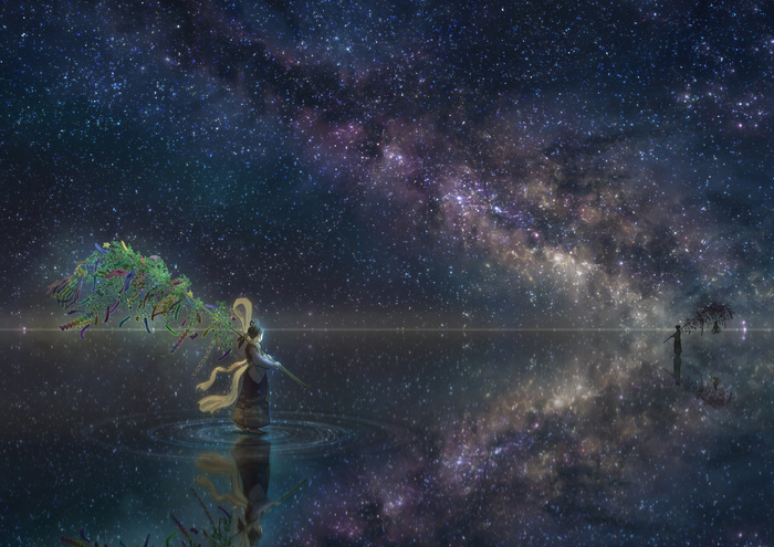 Girl holding a Tanabata decoration under the stars