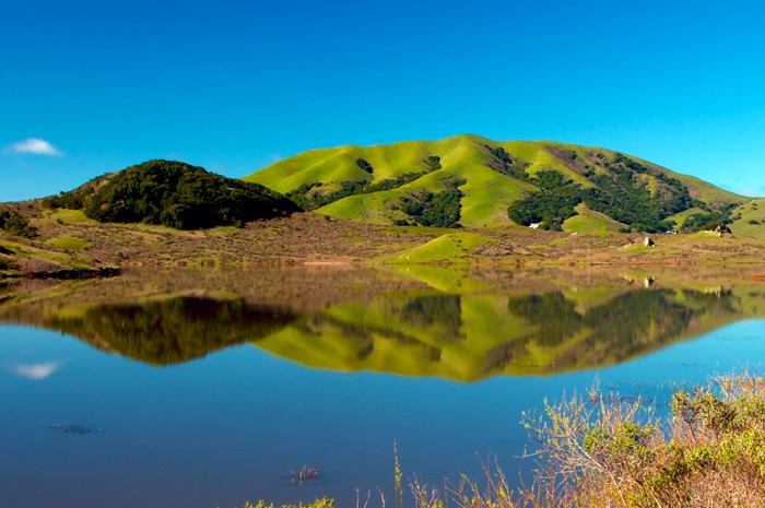 Green Hills Reflecting in a Lake Under a Blue Sky