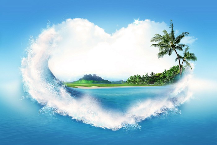 Heart shaped wave with tropical island and palm trees