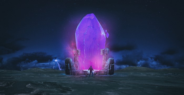 A person stands before a giant glowing crystal in a stormy landscape