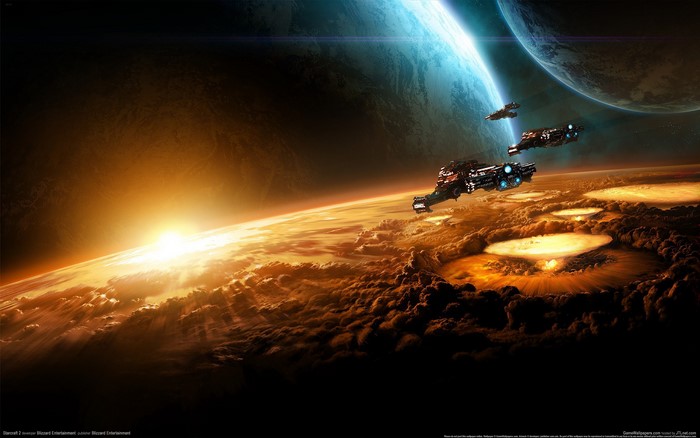 Starcraft II: Wings of Liberty spaceships over planet