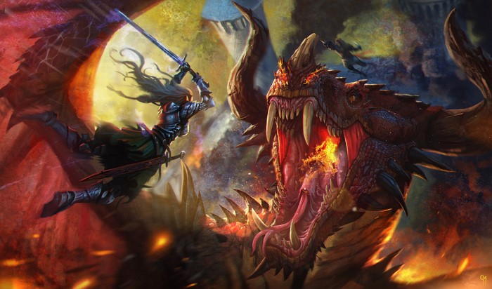 Knight fighting a dragon