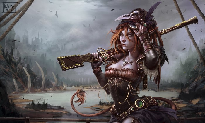 Steampunk woman with rifle on a ship