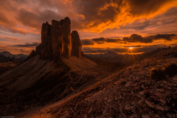 Sunset Over Dolomite Mountain Peaks in Italy