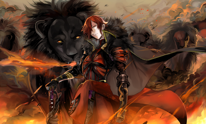 Anime man with red hair and lions