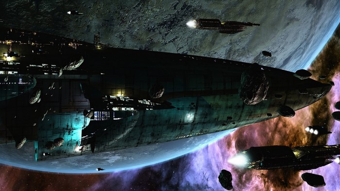 Sci-Fi Spaceship Fleet Near Planet