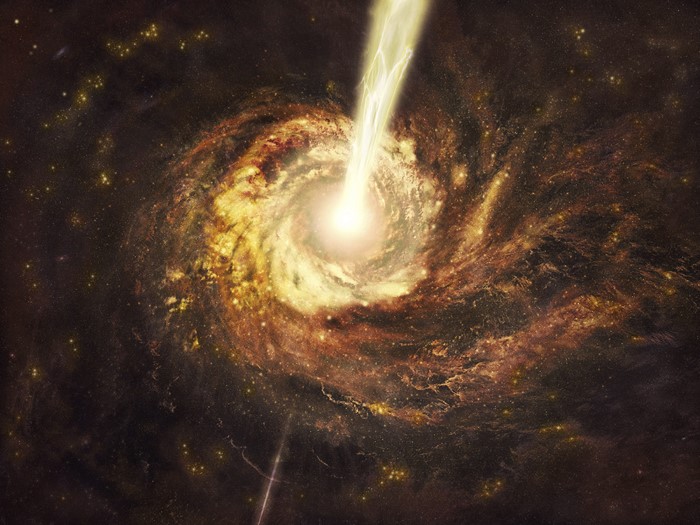 Quasar with a bright jet in a spiral galaxy