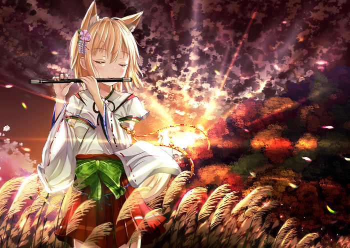 Girl with Fox Ears Playing Flute in Field
