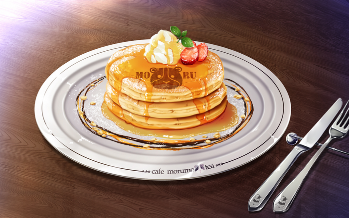 Pancakes with syrup, whipped cream, and strawberries on a plate