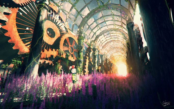Steampunk abandoned tunnel with flowers and sunlight