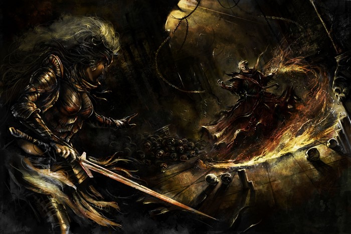 Fantasy Battle between a warrior and a sorcerer
