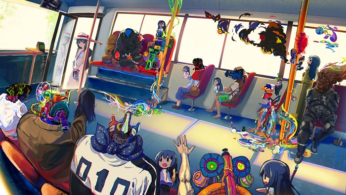 Fantasy bus with colorful characters and creatures