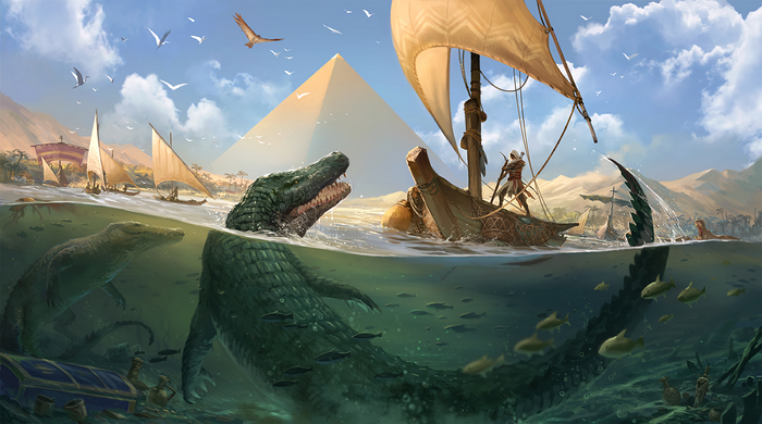 Bayek of Siwa from Assassin's Creed Origins with crocodiles and pyramids