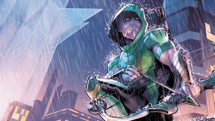 Green Arrow from DC Comics in the rain