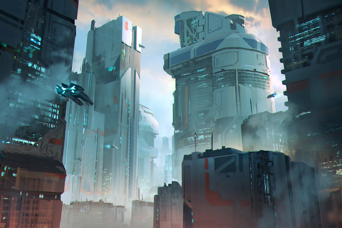 Futuristic city with flying aircraft and tall buildings