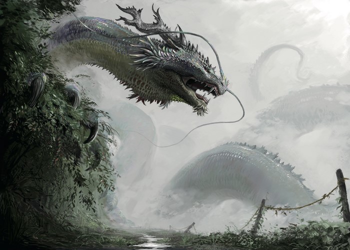 A colossal dragon emerges from mist and foliage