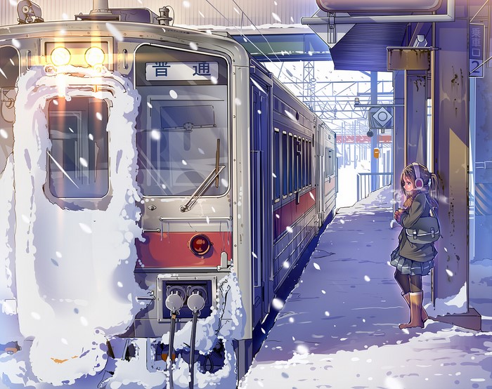 Anime train station in winter with a girl