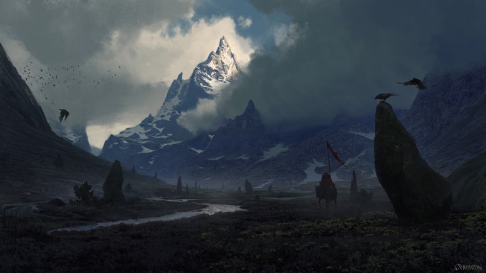 Warrior on horseback with flag in a mountain valley with crows