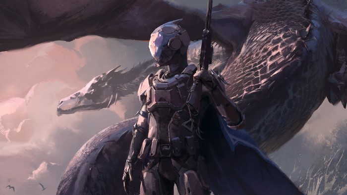 Sci-fi warrior with rifle and dragons