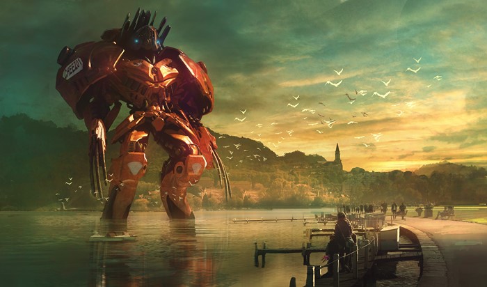 Giant orange robot in a lake with a town in the background