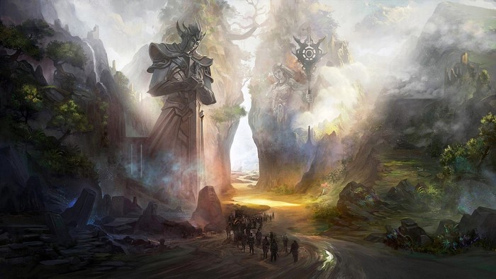 Fantasy landscape with giant statues and a procession