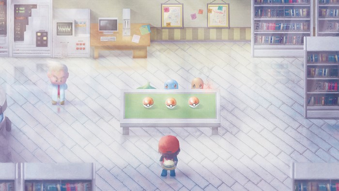 Professor Oak and player with starter Pokémon